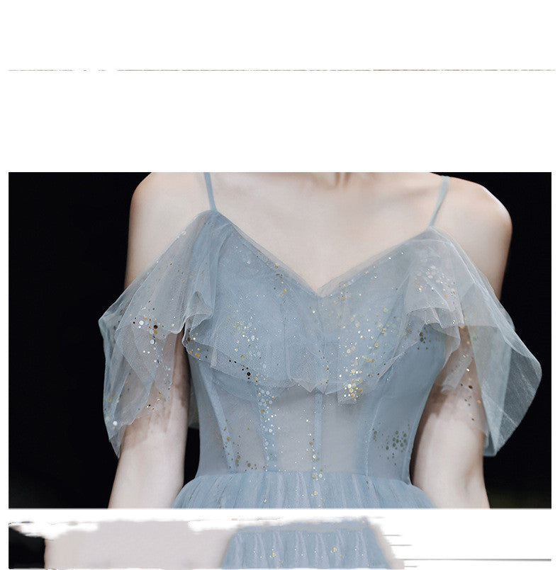 Robe de soirée longue gris foncé en dentelle pour bal de promo ou banquet