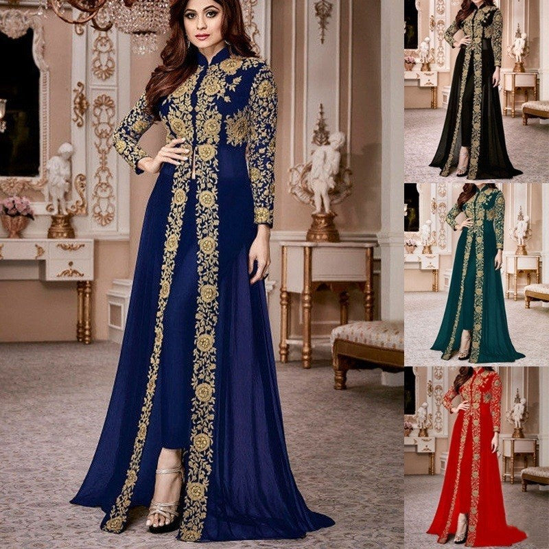 Retro Ethnic Print Long Sleeve Stand Collar Two-Piece Dress for Middle Eastern Women
