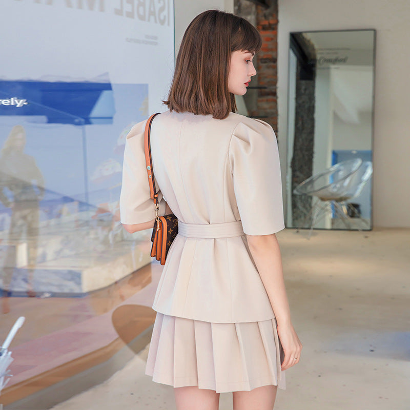 Short Sleeve Waist Waist Suit Women's Early Autumn New Two-Piece Pleated Skirt