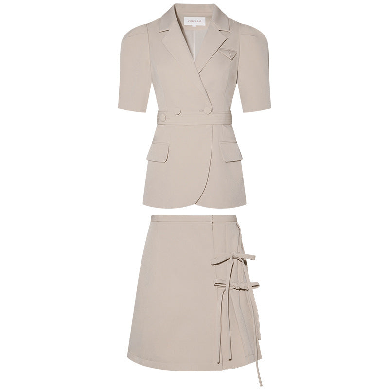 Short Sleeve Waist Waist Suit Women's Early Autumn New Two-Piece Pleated Skirt