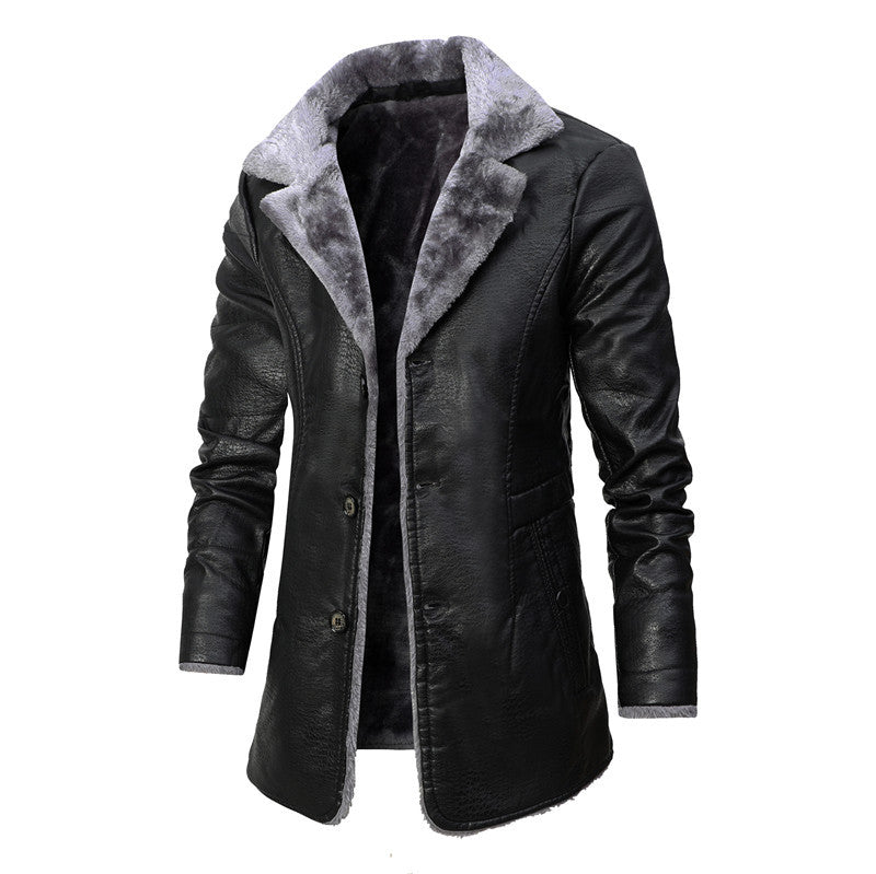 Men's Plush Lapel Artificial Leather Jacket Winter Warm Fleece Single-Breasted Coat