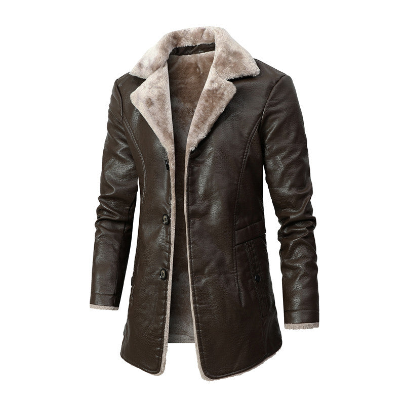 Men's Plush Lapel Artificial Leather Jacket Winter Warm Fleece Single-Breasted Coat