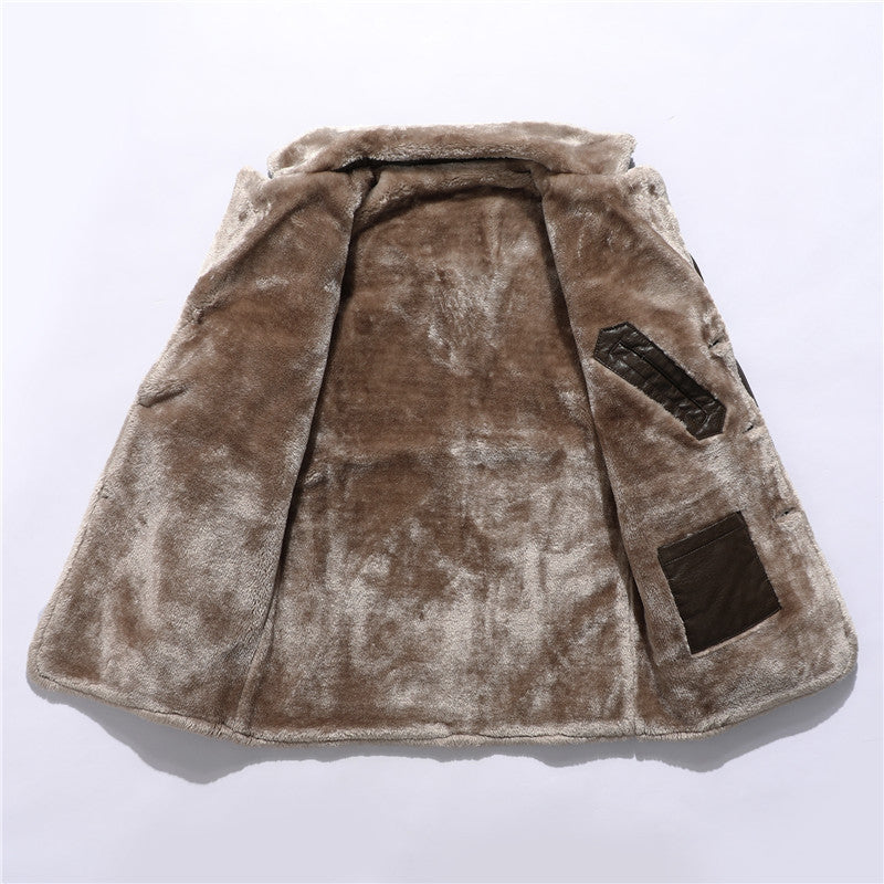Men's Plush Lapel Artificial Leather Jacket Winter Warm Fleece Single-Breasted Coat