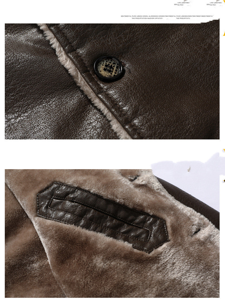 Men's Plush Lapel Artificial Leather Jacket Winter Warm Fleece Single-Breasted Coat
