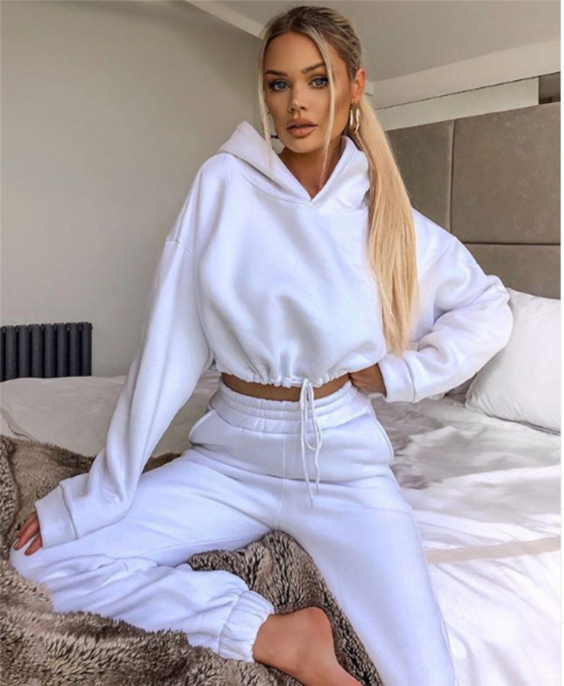 Two-Piece Long-Sleeve Sports & Leisure Suit with Fleece Sweater and Straight Pants