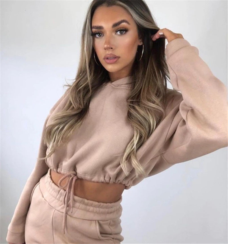 Two-Piece Long-Sleeve Sports & Leisure Suit with Fleece Sweater and Straight Pants
