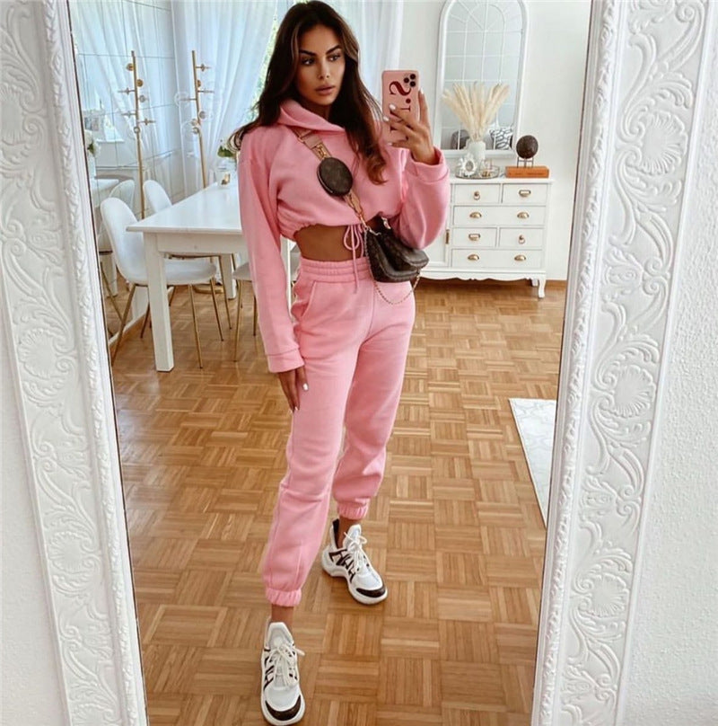 Two-Piece Long-Sleeve Sports & Leisure Suit with Fleece Sweater and Straight Pants