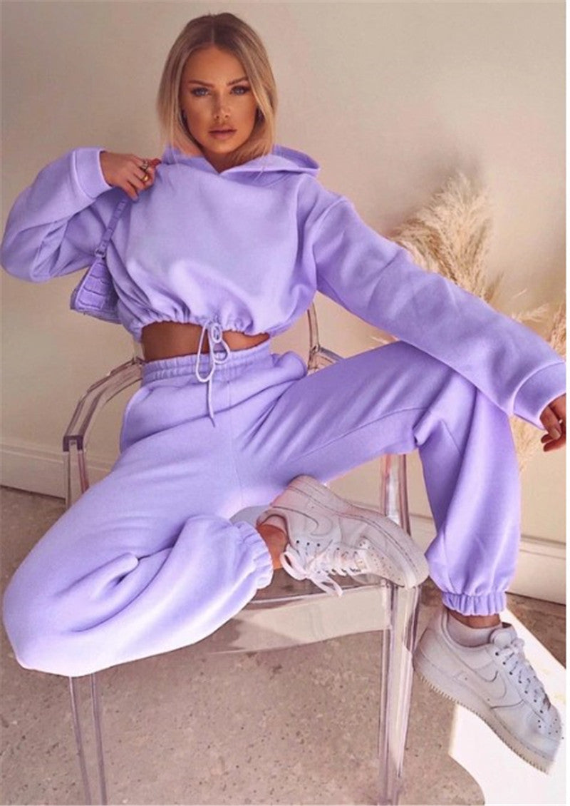 Two-Piece Long-Sleeve Sports & Leisure Suit with Fleece Sweater and Straight Pants