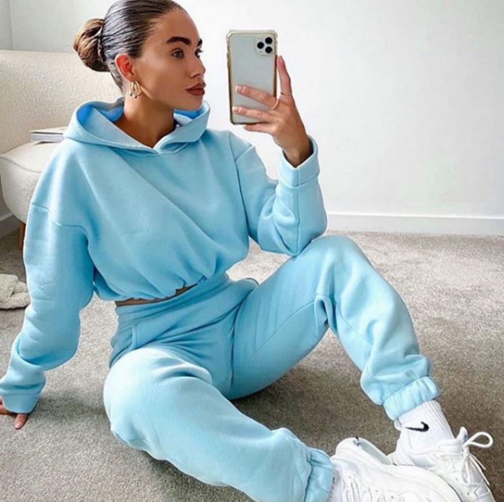 Two-Piece Long-Sleeve Sports & Leisure Suit with Fleece Sweater and Straight Pants