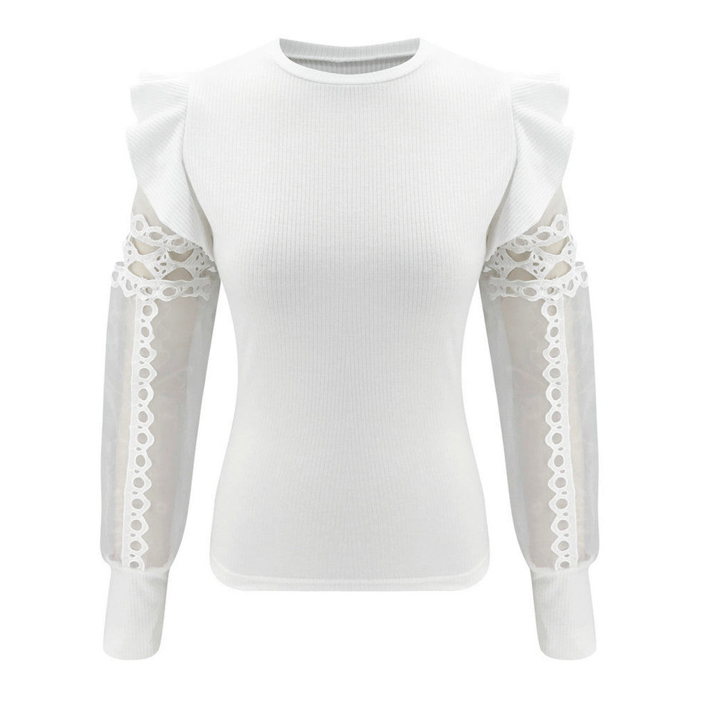 Women's White Mesh Stitching Cotton Knit Top with Wood Ears