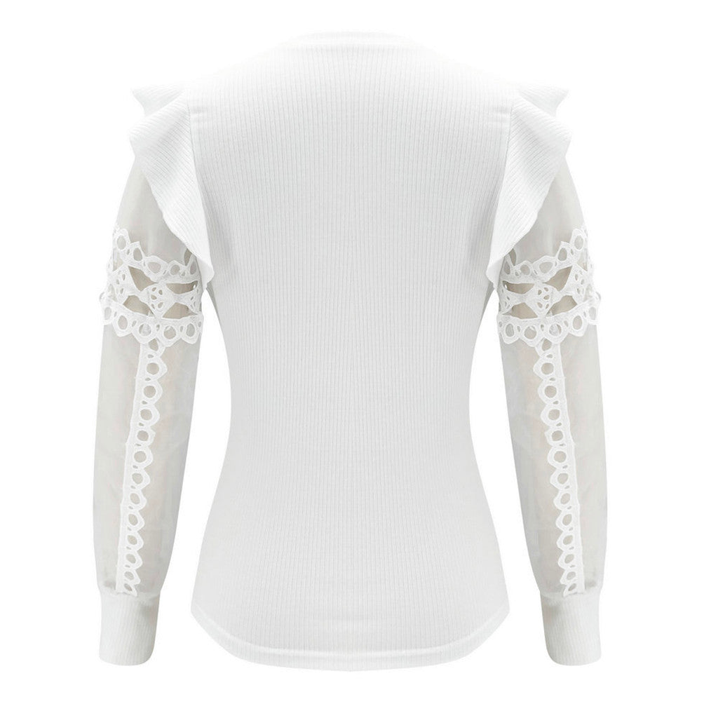 Women's White Mesh Stitching Cotton Knit Top with Wood Ears