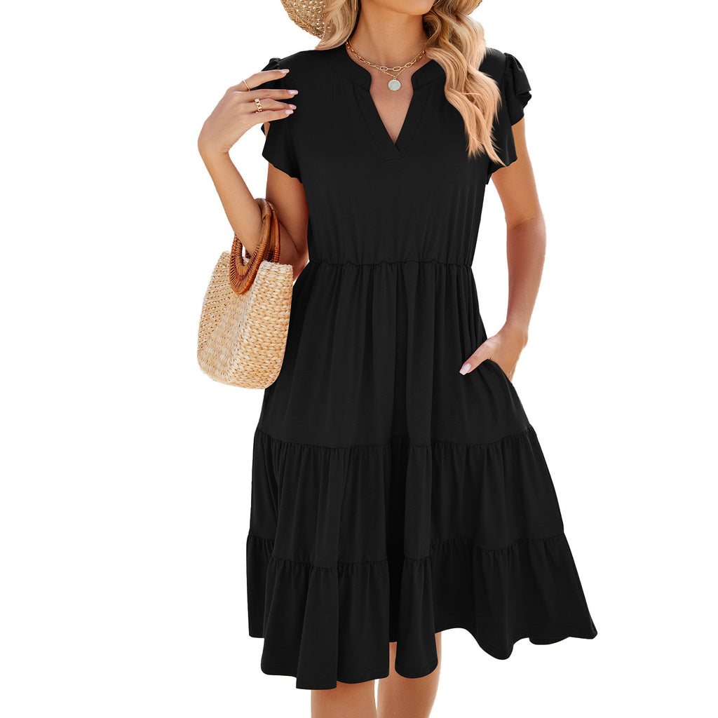 Robe Femme en Coton Ample à Manches Courtes Col V avec Couture
