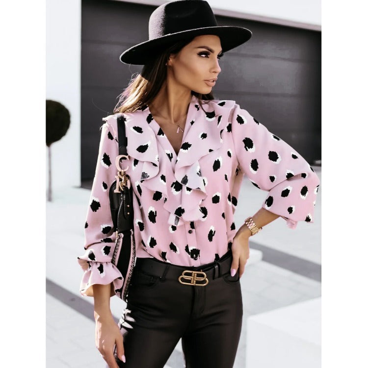 Spotted Print Lotus Leaf Collar Single-Breasted Long Sleeve Shirt for Women