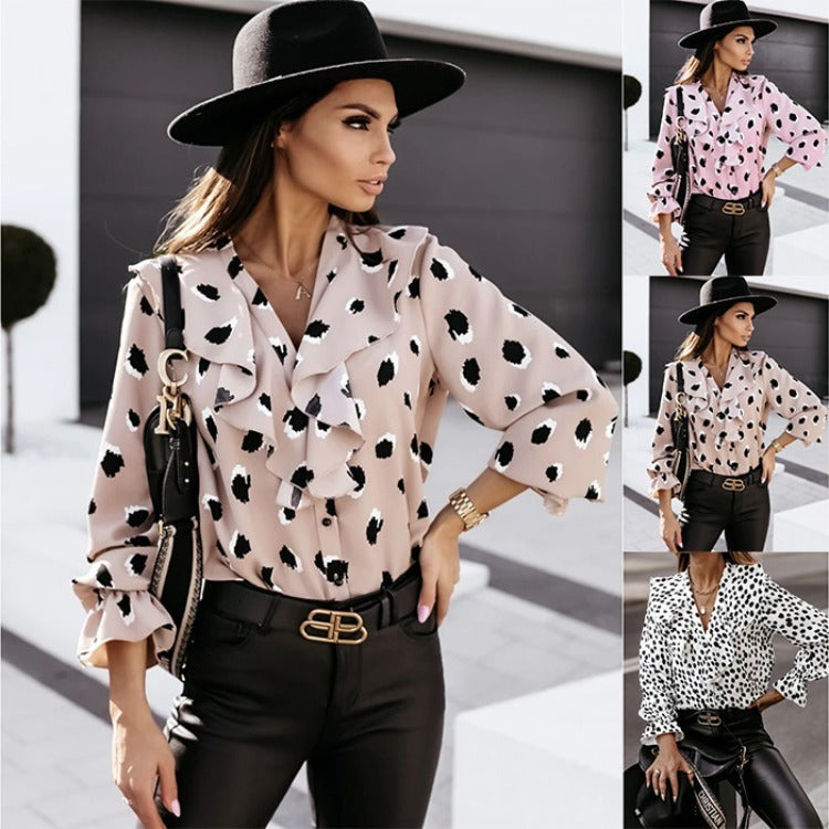 Spotted Print Lotus Leaf Collar Single-Breasted Long Sleeve Shirt for Women