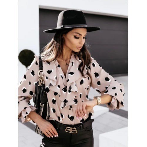 Spotted Print Lotus Leaf Collar Single-Breasted Long Sleeve Shirt for Women