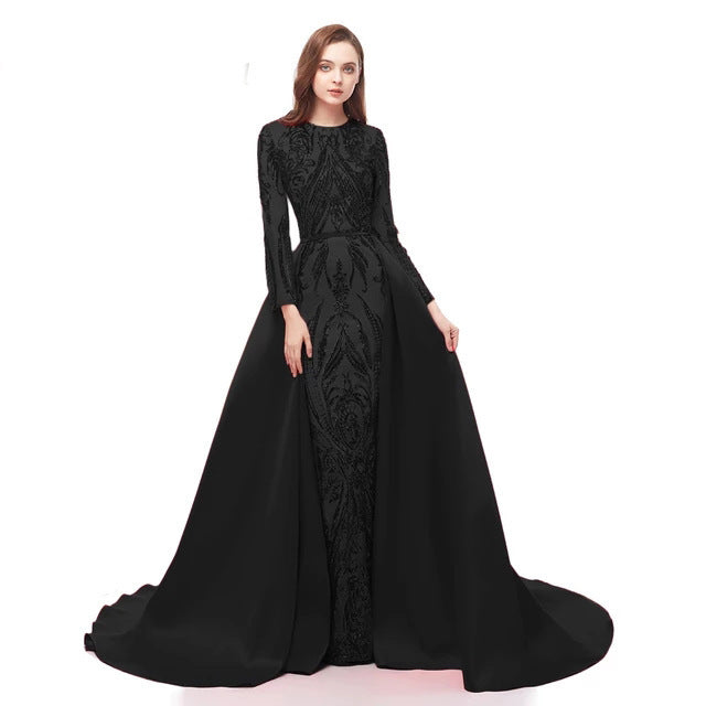 Long Sleeve Small Tail Evening Dress with Zipper and Round Neck