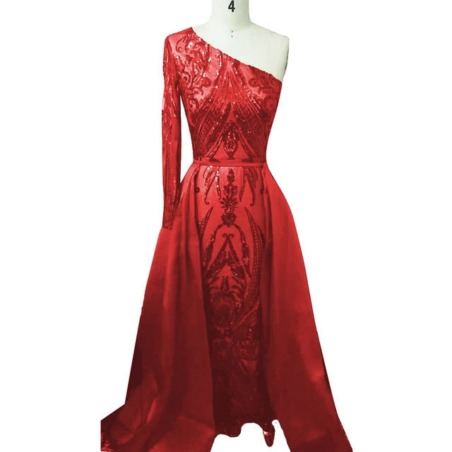 Long Sleeve Small Tail Evening Dress with Zipper and Round Neck
