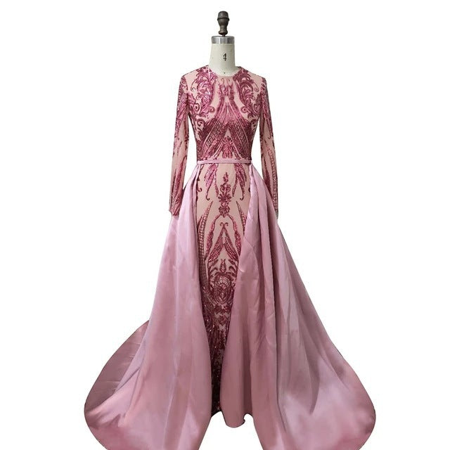 Long Sleeve Small Tail Evening Dress with Zipper and Round Neck