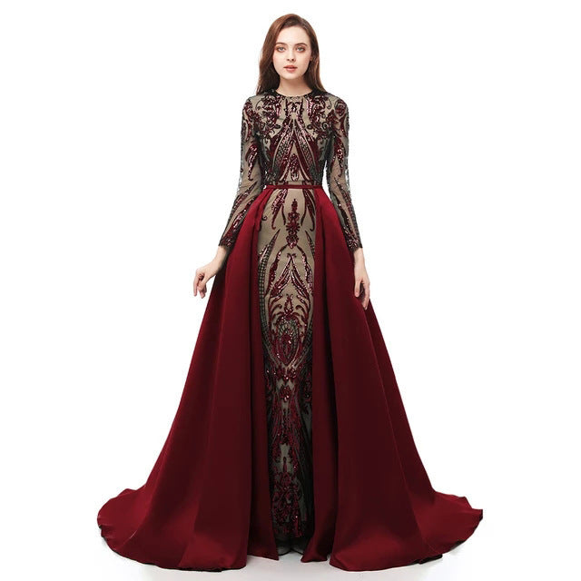 Long Sleeve Small Tail Evening Dress with Zipper and Round Neck