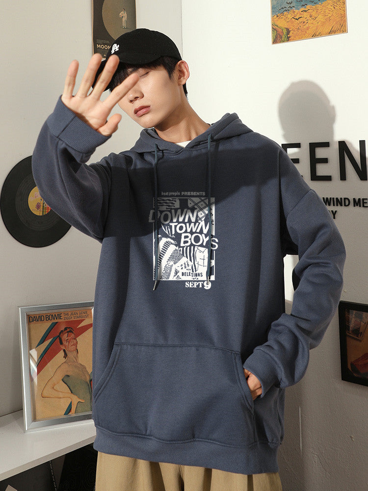 White Hooded Sweater Men Plus Velvet Padded Top