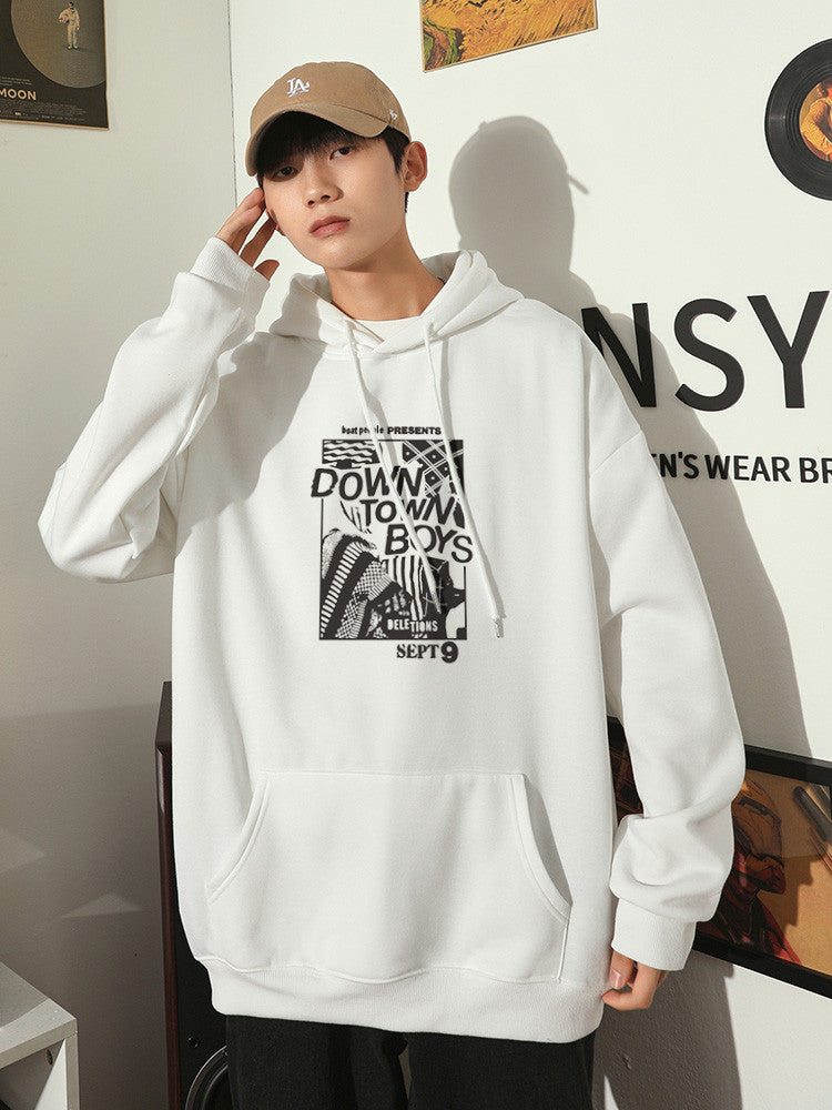 White Hooded Men’s Sweater Plus Velvet Padded Top