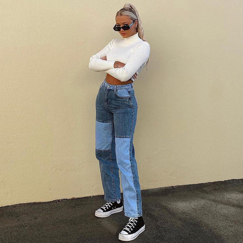 High-Rise Straight-Leg Jeans with Contrast Stitching for Women