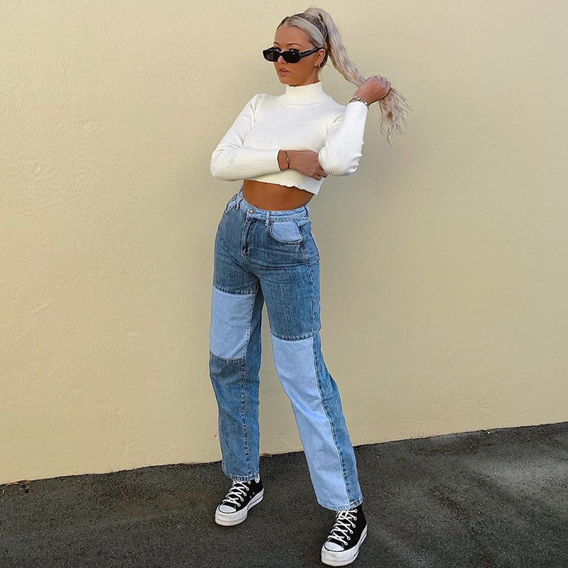 High-Rise Straight-Leg Jeans with Contrast Stitching for Women