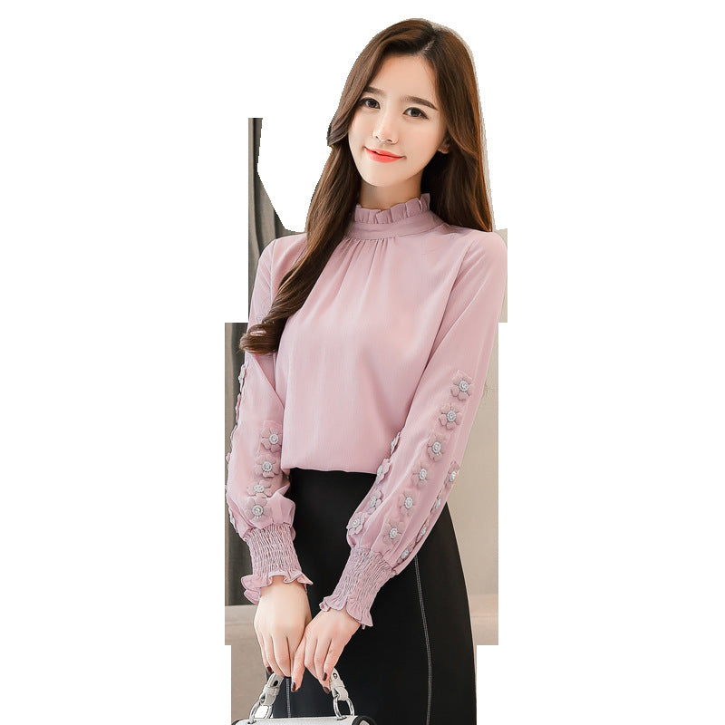 Stand-up Collar Beaded Long-sleeved Chiffon Shirt Lace Shirt