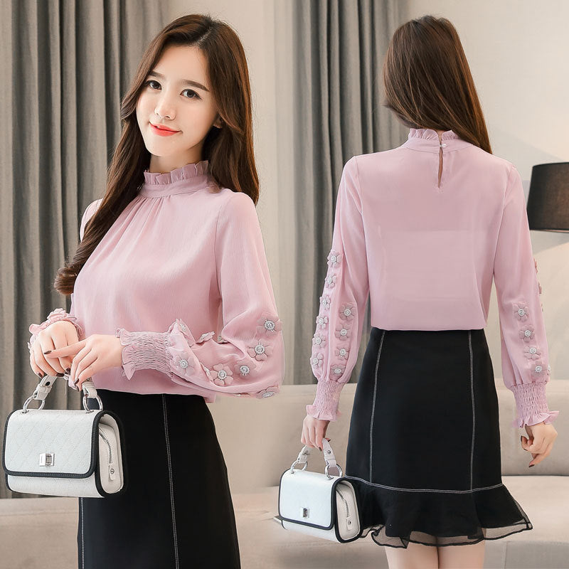 Stand-up Collar Beaded Long-sleeved Chiffon Shirt Lace Shirt