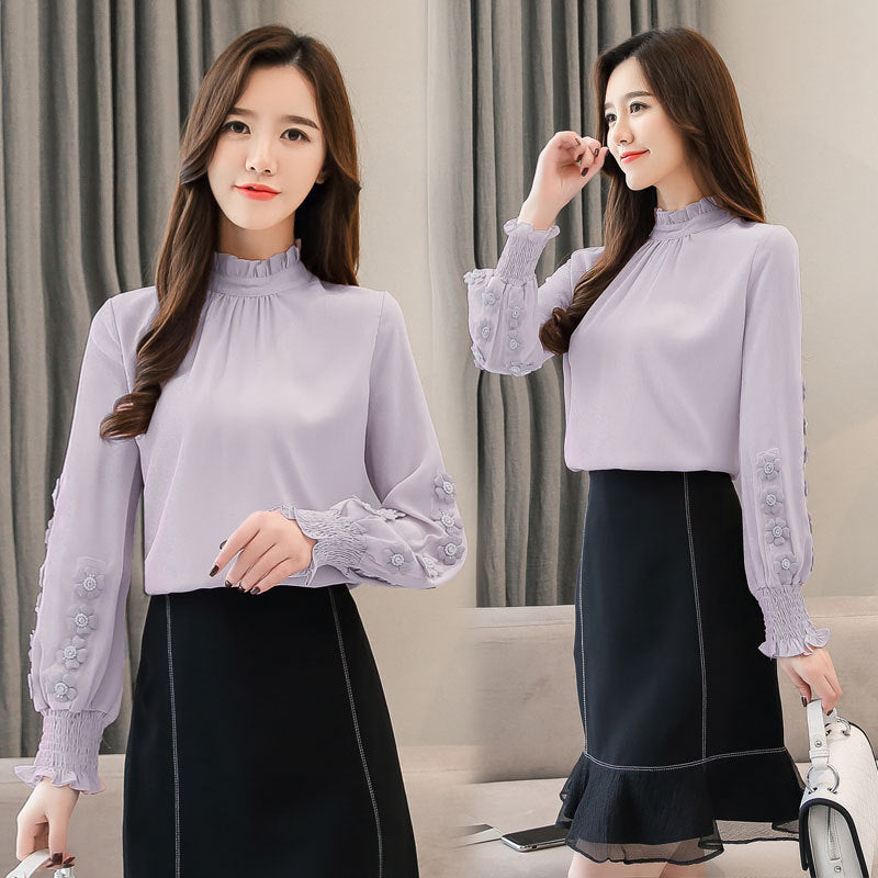 Stand-up Collar Beaded Long-sleeved Chiffon Shirt Lace Shirt