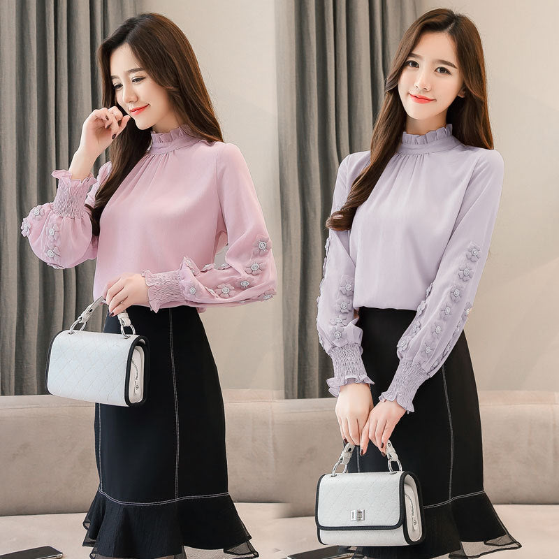 Stand-up Collar Beaded Long-sleeved Chiffon Shirt Lace Shirt