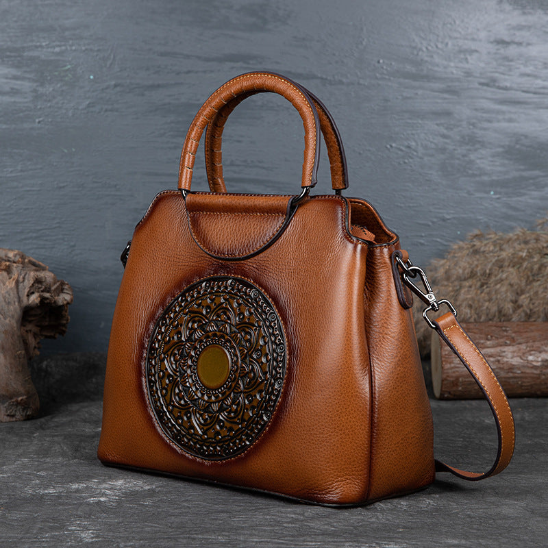 Retro One-Shoulder Cowhide Handbag with Embossed Design