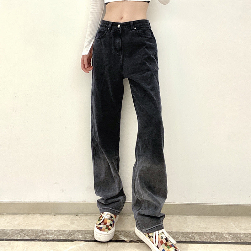 Jean en denim noir coupe droite taille haute dégradé vintage