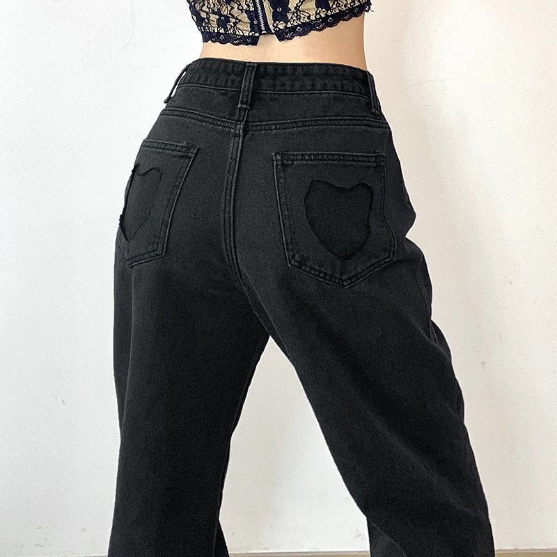 Jean en denim noir coupe droite taille haute dégradé vintage