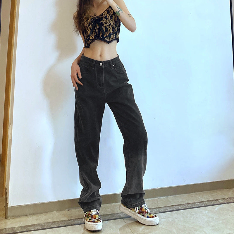 Jean en denim noir coupe droite taille haute dégradé vintage