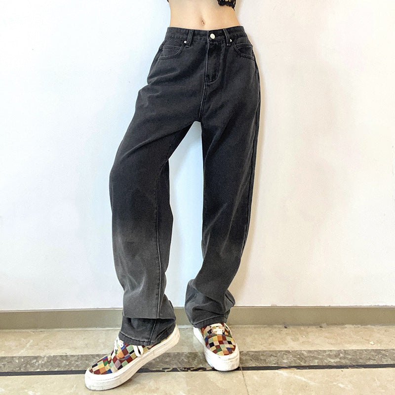 Jean en denim noir coupe droite taille haute dégradé vintage