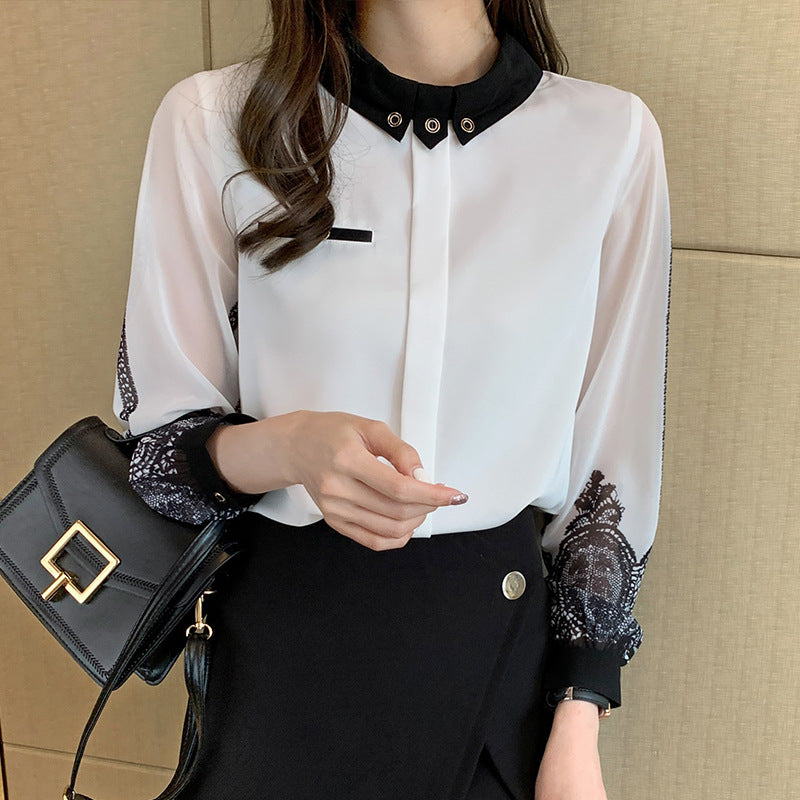 Embroidery Stitching Long-sleeved Loose Chiffon Shirt Top