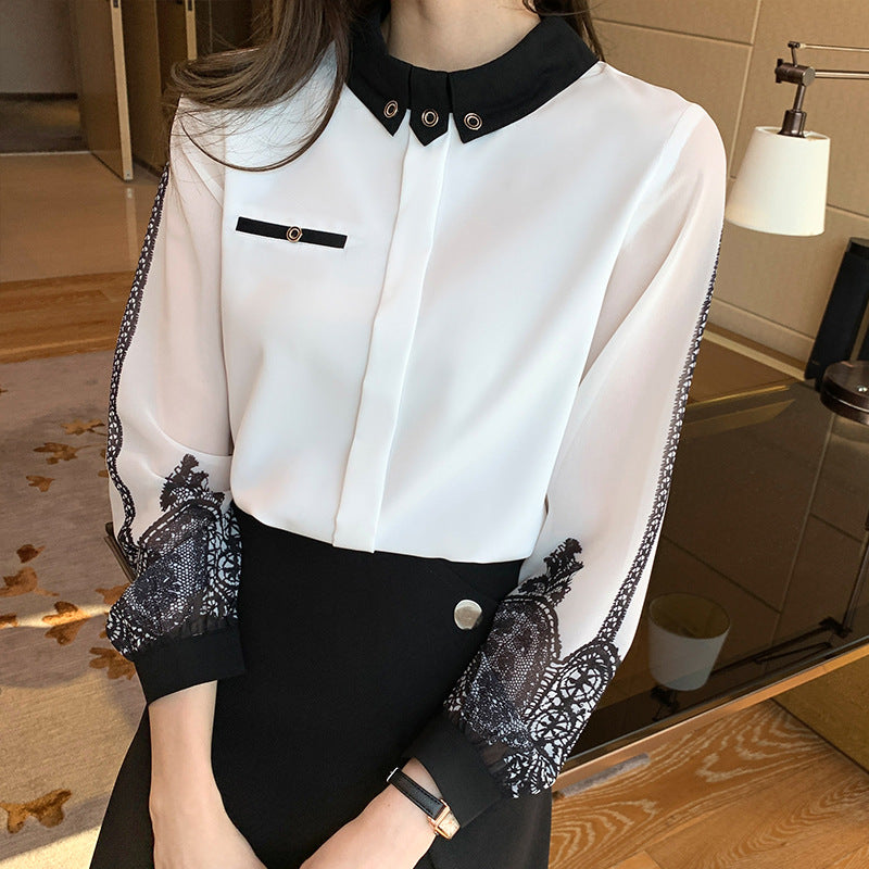 Embroidery Stitching Long-sleeved Loose Chiffon Shirt Top