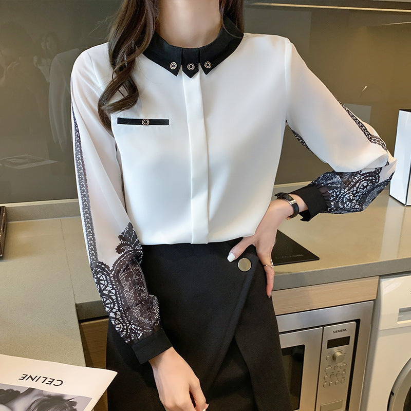Embroidery Stitching Long-sleeved Loose Chiffon Shirt Top