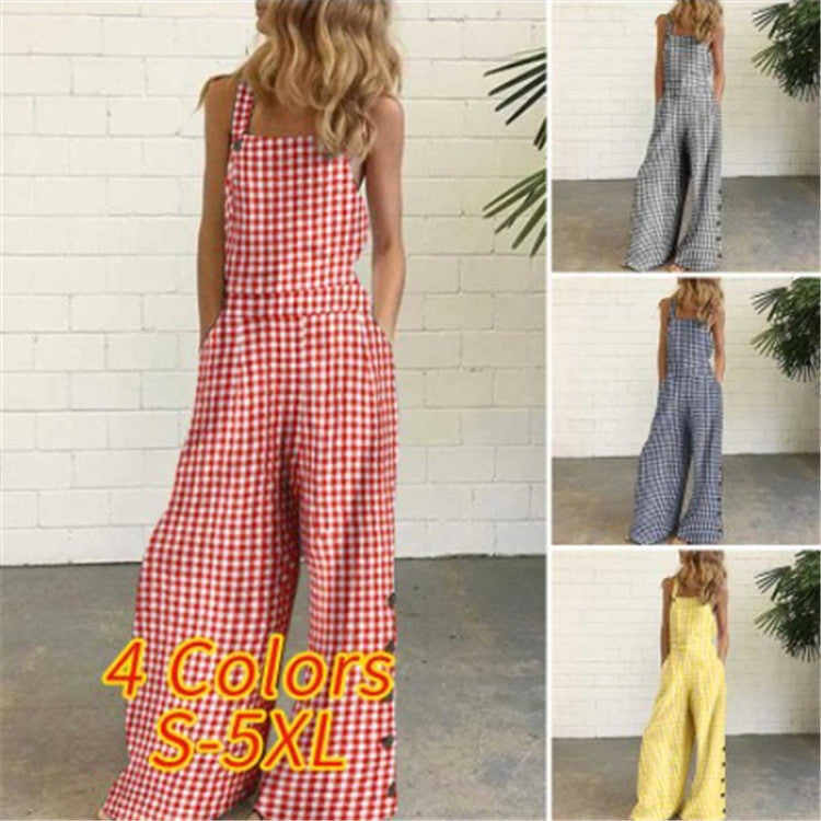 Checked Wide-Leg Trousers with Side Pockets Casual Jumpsuit