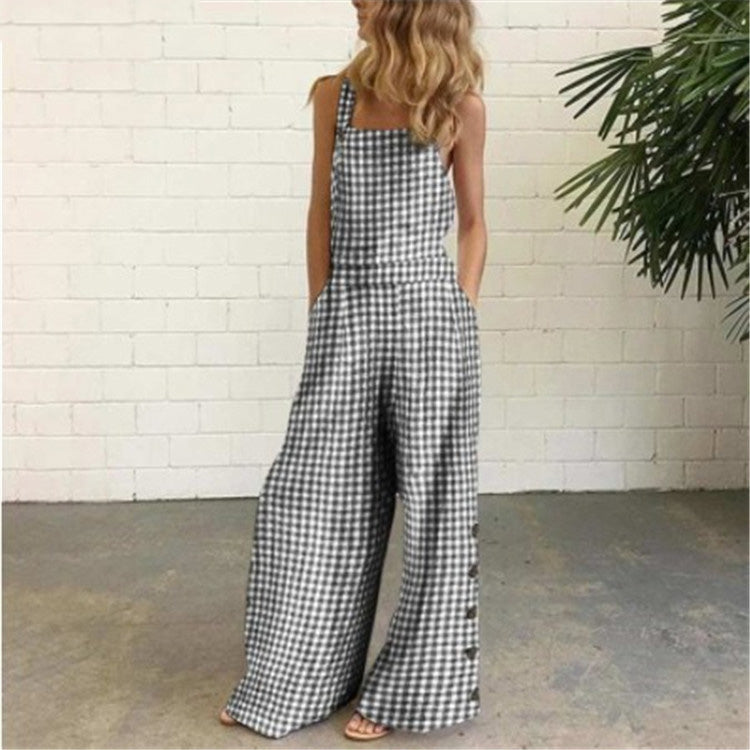 Checked Side Pocket Wide-Leg Trousers Casual Jumpsuit