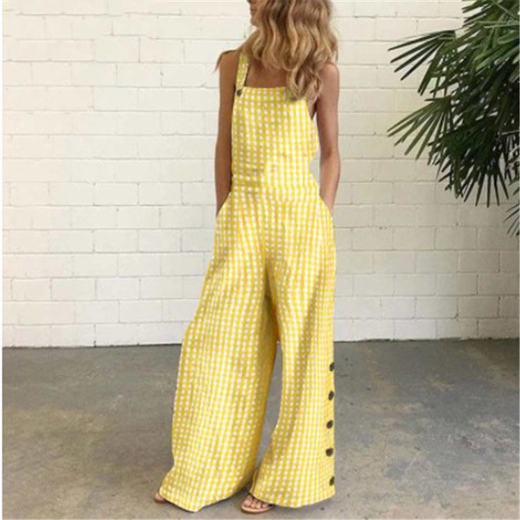 Checked Side Pocket Wide-Leg Trousers Casual Jumpsuit