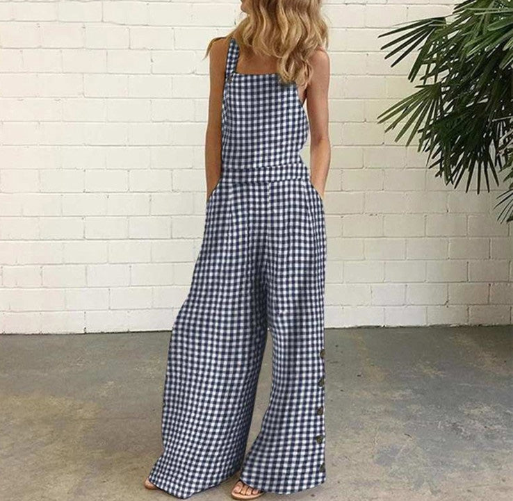 Checked Side Pocket Wide-Leg Trousers Casual Jumpsuit