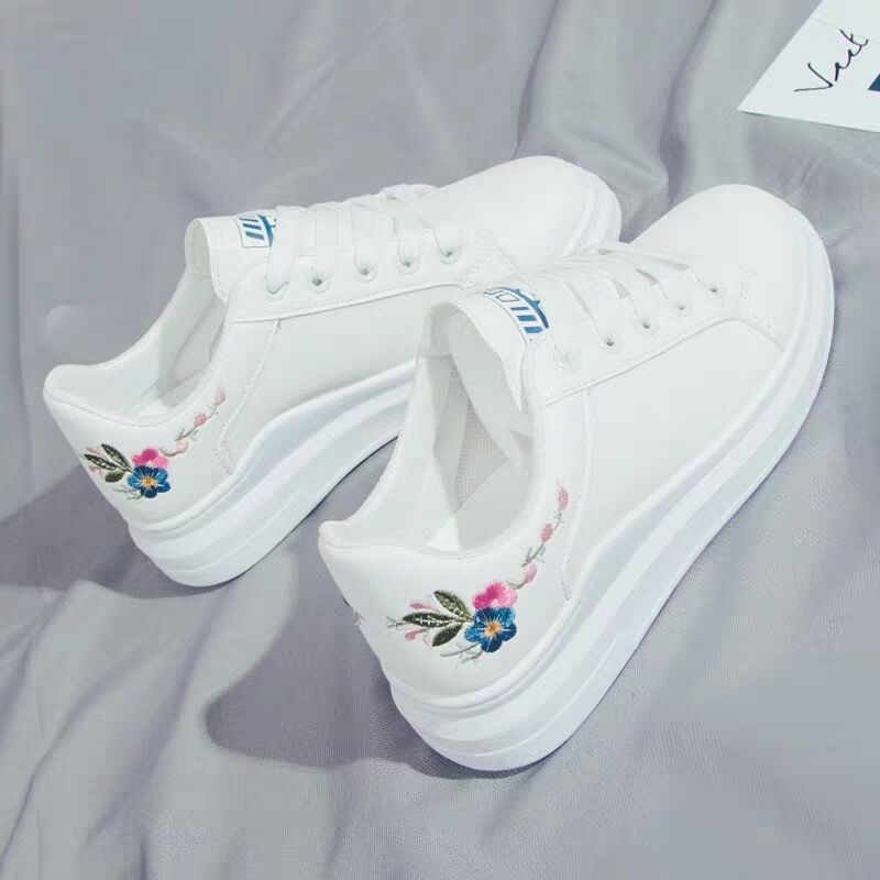 Chaussures basses décontractées blanches brodées à lacets pour femme