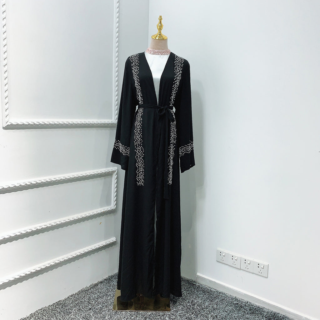 Muslim Solid Color Beaded Middle Eastern Robe Dress Polyester