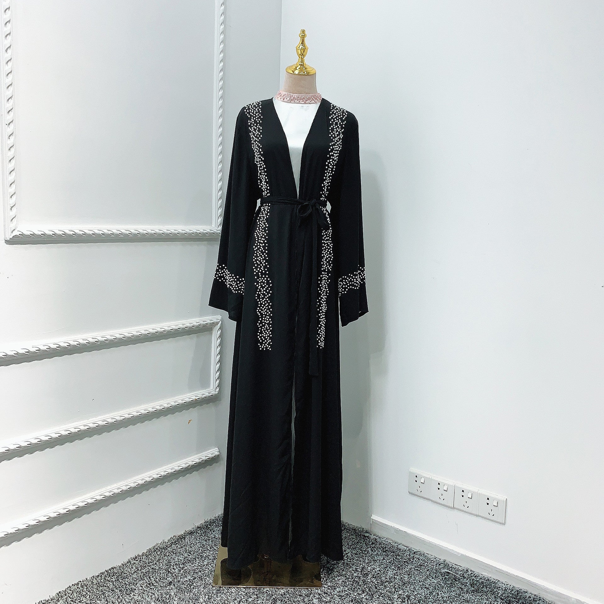 Muslim Solid Color Beaded Middle Eastern Robe Dress Polyester