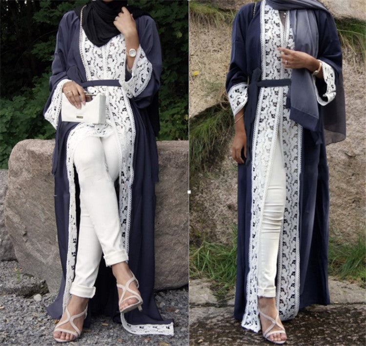 Muslim Fashion Lace Stitching Loose Big Swing Dress
