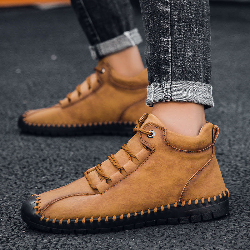 Hercule Bottines en Cuir à Lacets avec Couture et Talon Bas