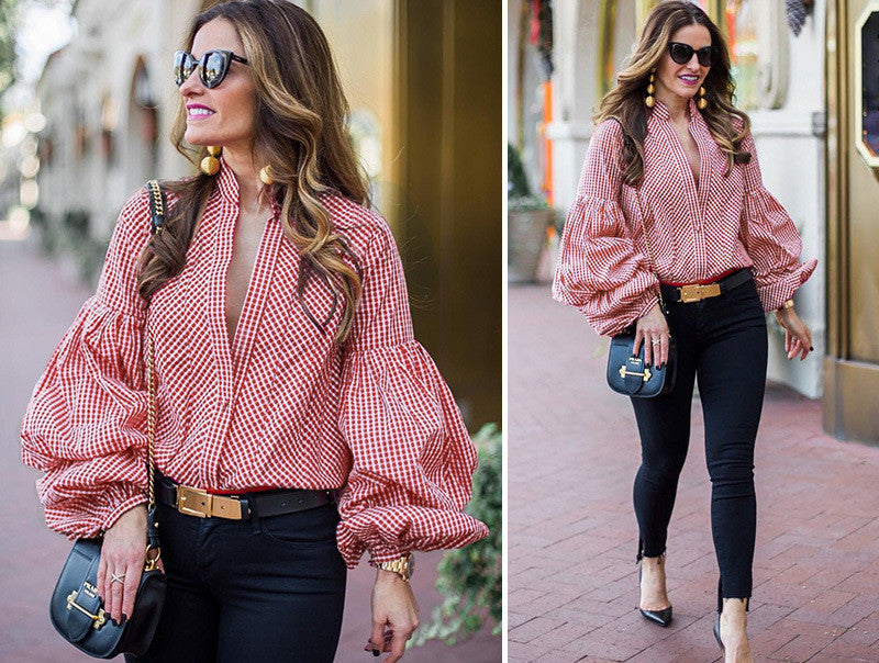 European American Fashion Plaid V-Neck Button Puff Sleeve Shirt