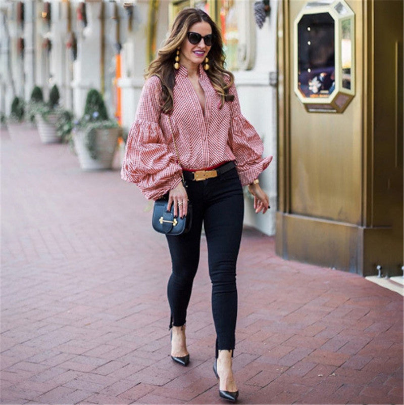 European American Fashion Plaid V-Neck Button Puff Sleeve Shirt